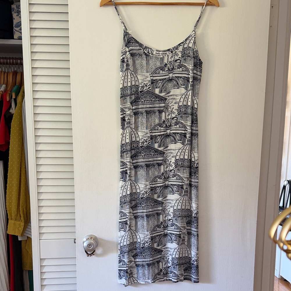 Reformation Navy & White Architectural Print Slip Dress